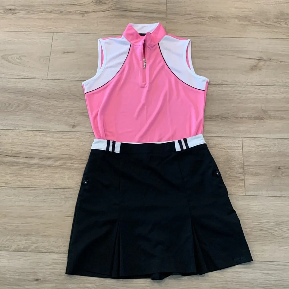 IZOD Golf Size Small Pink Sleeveless Top size small and Black Skirt size 2 Set